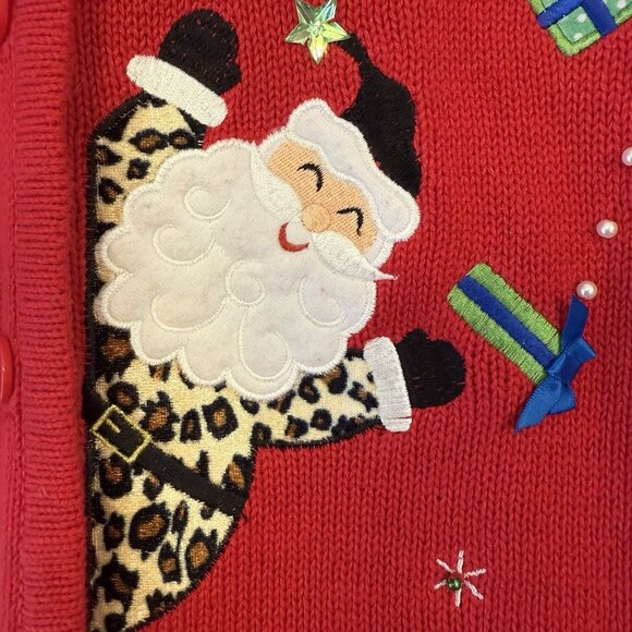 Ugly Holiday Sweater Vest Women L Animal Print Santa Y2K 90s Cheetah Zebra Red - Picture 4 of 9